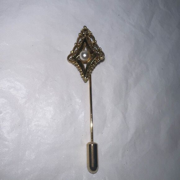 Vintage Gold Tone Art Deco Style Stick Pin With Faux Pearl - Picture 2 of 6